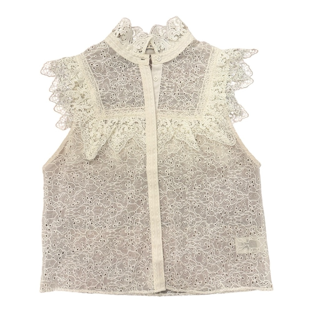 Alice + Olivia Marian Eyelet Lace Ruffle Top Sz M Cottagecore Romantic Victorian - Picture 2 of 8